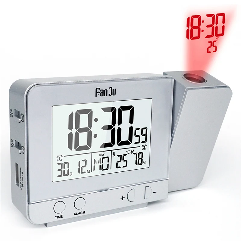 

Project Night Light With Alarm Clock Temperature Time Projection Lamp USB Charger Indoor Temperature Humidity Night Lights
