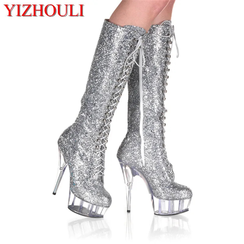 15cm size knee high boots for women 6 inch high fashion winter motorcycle boots sparkling sequined cloth shoes