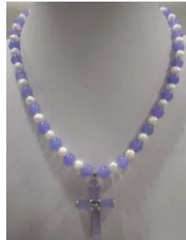 

White Pearl Purple Jades Silver Cross Pndant Necklace