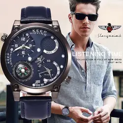 Shangmeimk бренд Для мужчин часы двойной часовой механизм Повседневное Для мужчин кварцевые наручные часы кожаный Военное дело спортивные часы
