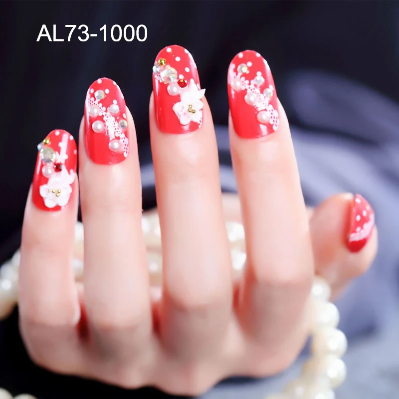 

High Quality Full Beauty 24pcs Red Fake Nails Bride False Nail Glitter Nail Tips with Glue Nails Art Accessaries