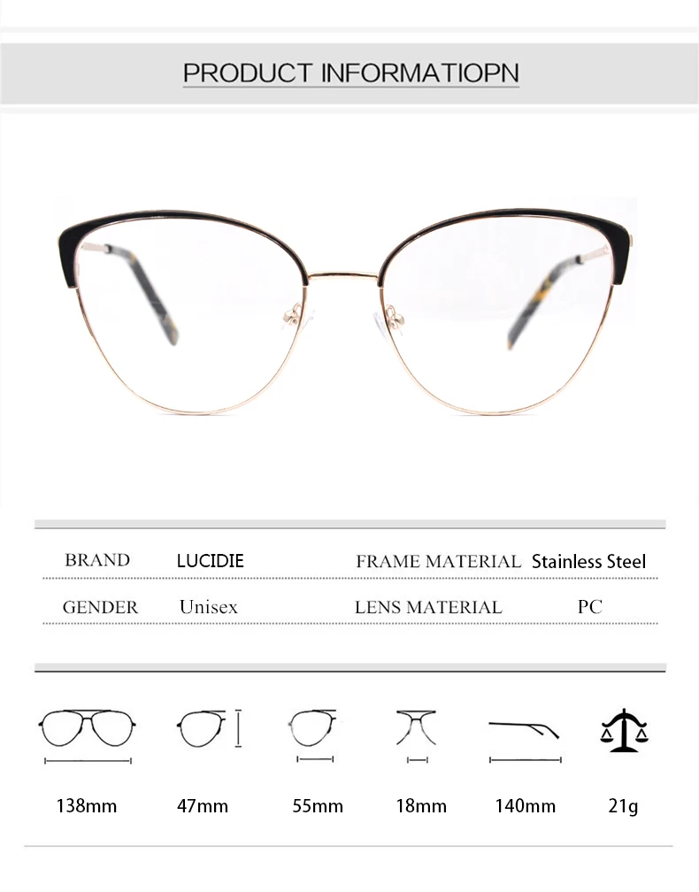 Ladies stylish large frame stainless steel glasses frame retro transparent gold frame eyeglasses