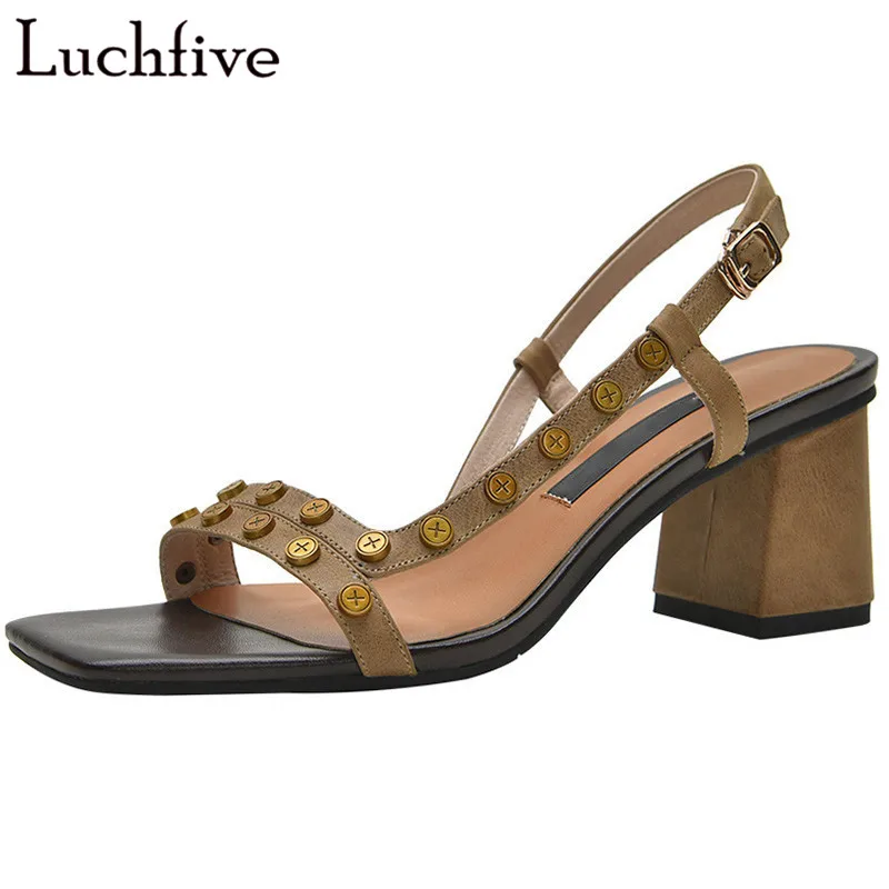 

Hot Retro Rivets Summer Sandals Chunky High Heels Open Toe Ladies Shoes Khaki Buckle Strap Buty Damskie Letnie Sexy Shoes Woman