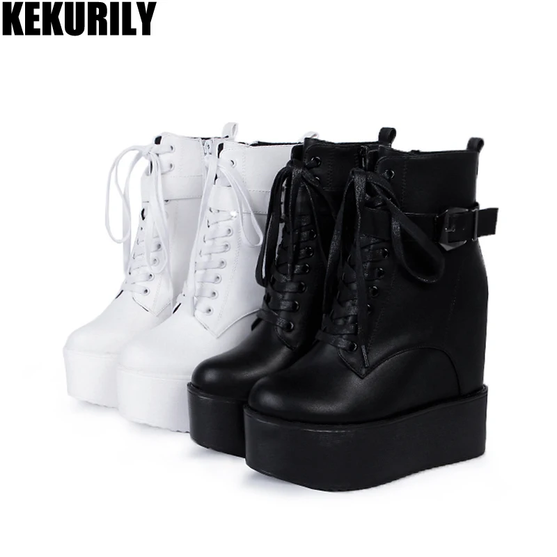 

Zip Wedge Ankle Boots lace up Platform Shoes Woman Boot ladies buckle Winter booties black white Heightening shoes Zapatos mujer