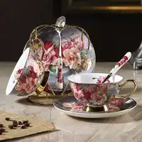 High-grade bone china coffee cup creative British afternoon tea flower teacup saucer set gold edge ceramic coffee cup drinkware