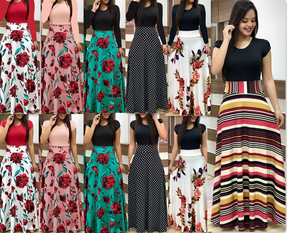 

2019 autumn hot sale explosion version European and American style flower print color matching dress