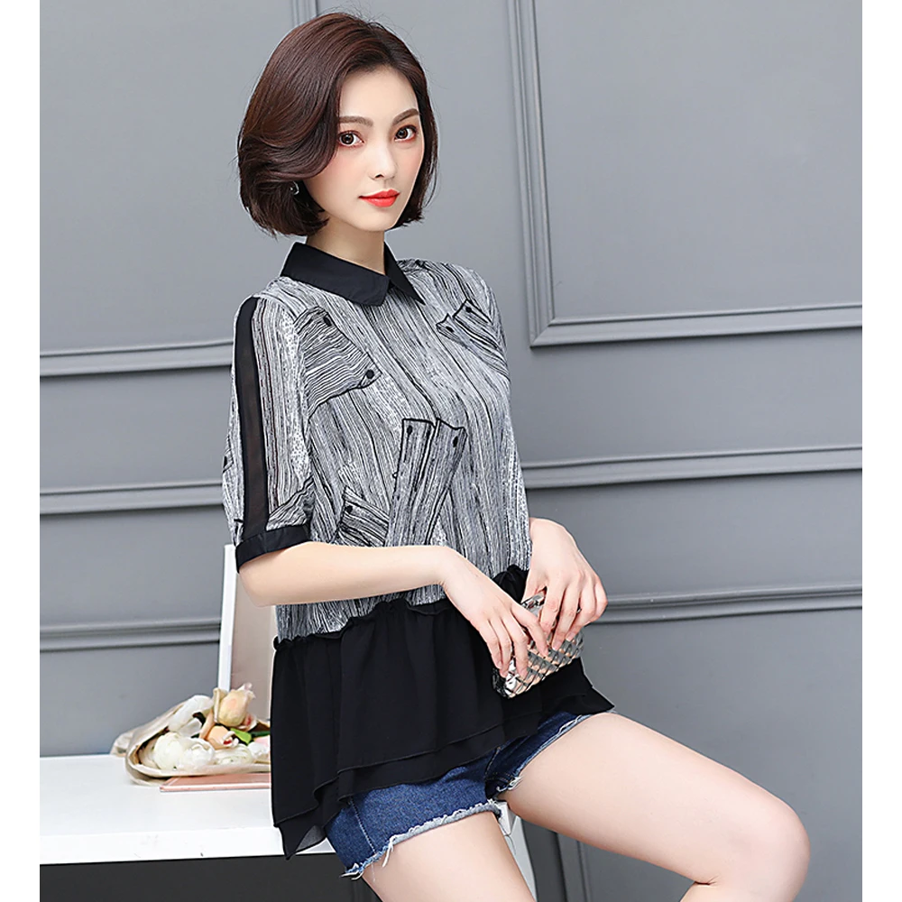 Spring and summer new style L-5XL large size chiffon short sleeve top Chiffon splicing print temperament top