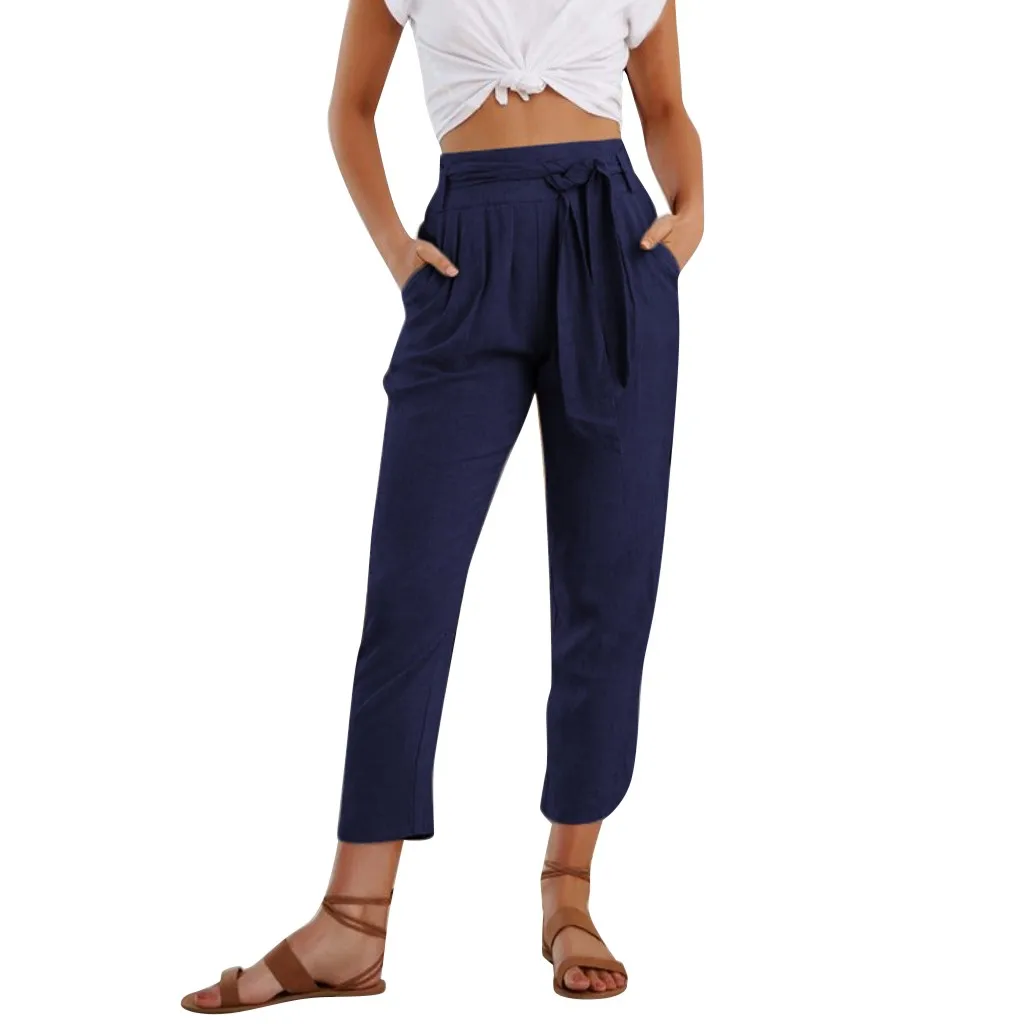 Модный однотонный на брительках с карманами хлопковые брюки для женщин и брюки из хлопка детские штаны с высокой посадкой женские Штаны шорты женские 40 - Цвет: As shown