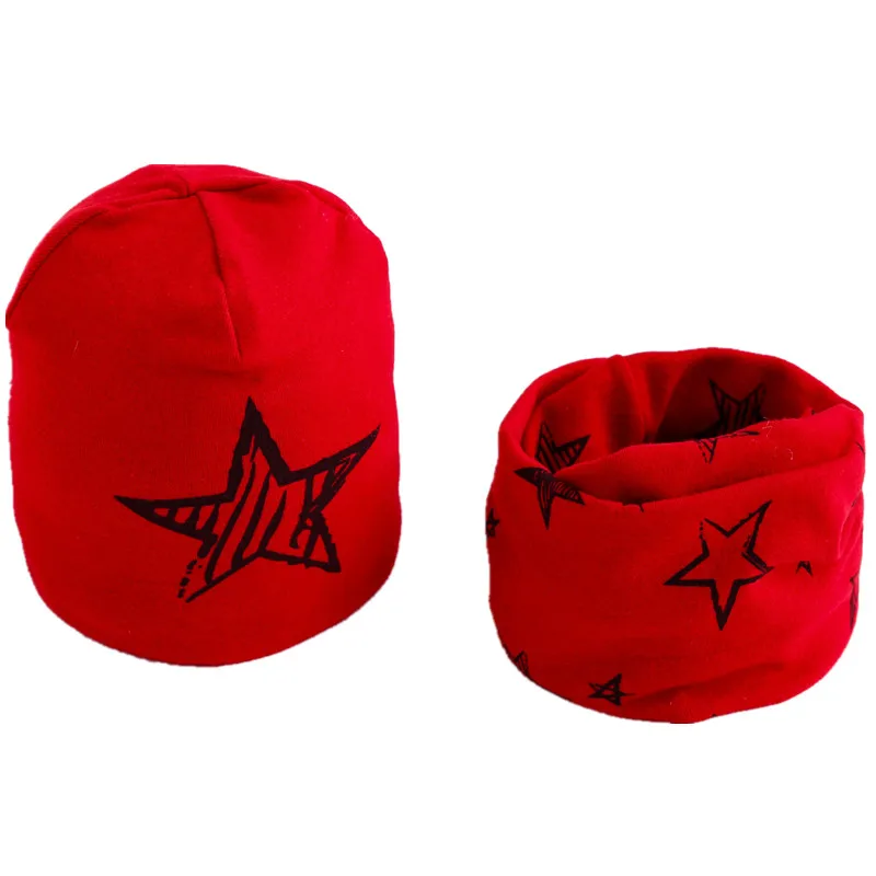 red star hat scarf Новые Хлопковые плюшевые шапки для девочек с шарфом Фрукты Сова-овца Звезды Львиная шапочка для мальчиков Детская шапка с шарфом и воротником Комплект хлопчатобумажной шапки для детей - Цвет: red star hat scarf