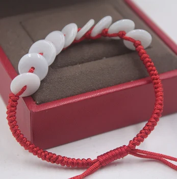 

Real Natural Jade Jadeite Bracelet Round Bead Safety Button For Women And Men Red Green Black Rope Weave Lucky Bracelet 6.3''L