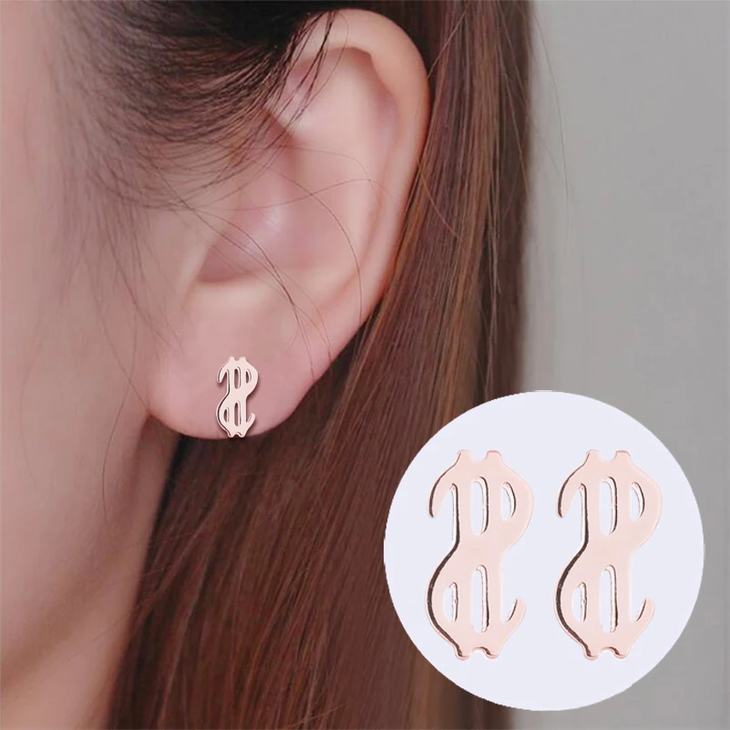 Yiustar Unique Alphabet Stainless Steel Stud Earrings Dollars Shape Money Ear Earing Women Men Jewelry Personalized Party Gifts