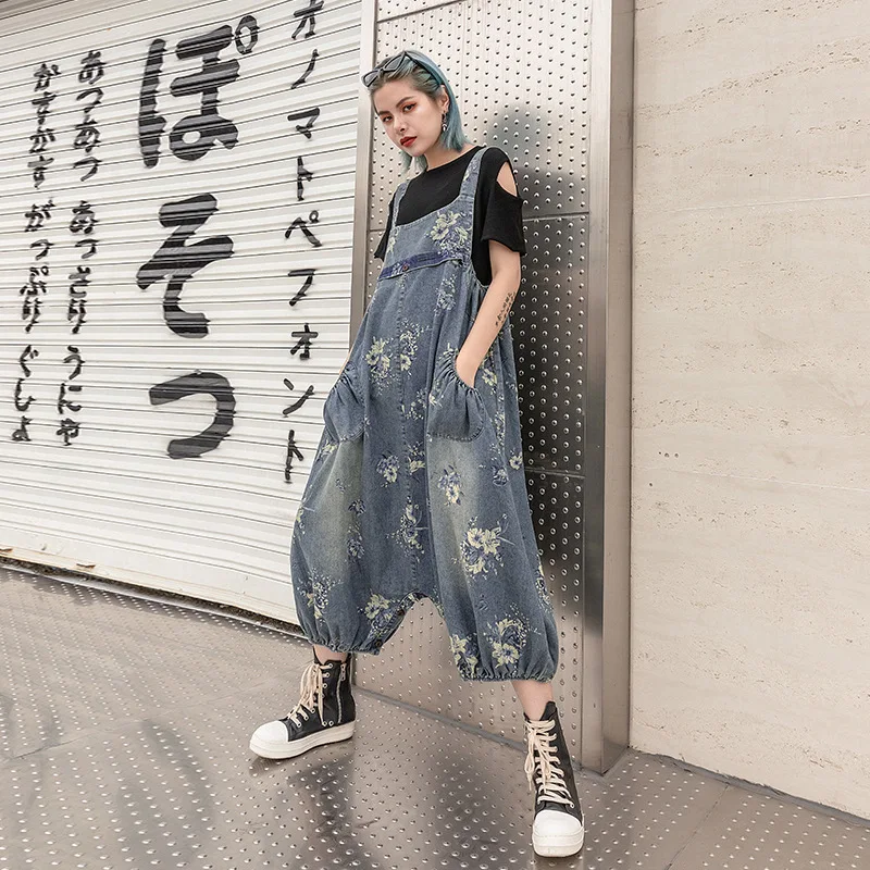 

2019 Women Wide Leg Denim Overalls Casual Loose Plus Size Jumpsuit Retro Streetwear Pants jeans Jumpsuits for Ladies