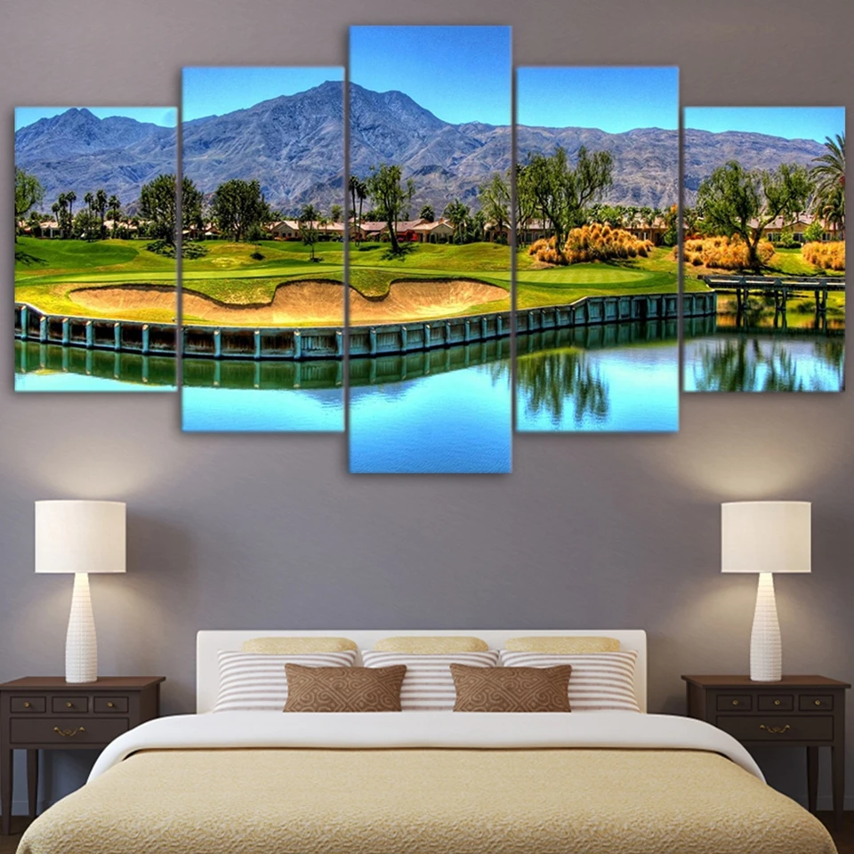 

Modern Wall Art Paintings HD Printed Canvas Home Decor Lake Pictures Frame 5 Pieces Mountain Golf Course Landscape Poster PENGDA