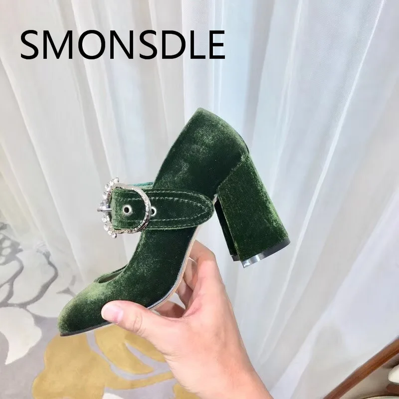 

SMONSDLE 2018 Spring Summer Black Suede Round Toe Women Pumps Buckle Cryatal Metal Decoration Chunky High Heel Pumps Shoes Woman