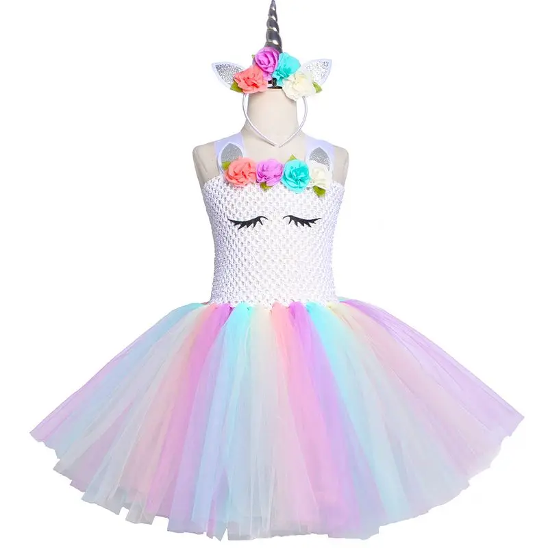 

Easter Carnival Girls Dresses for Girls Unicorn Birthday Wedding Party Tulle Pageant Dress with Headband 2 3 4 5 6 7 8 9 10 Year