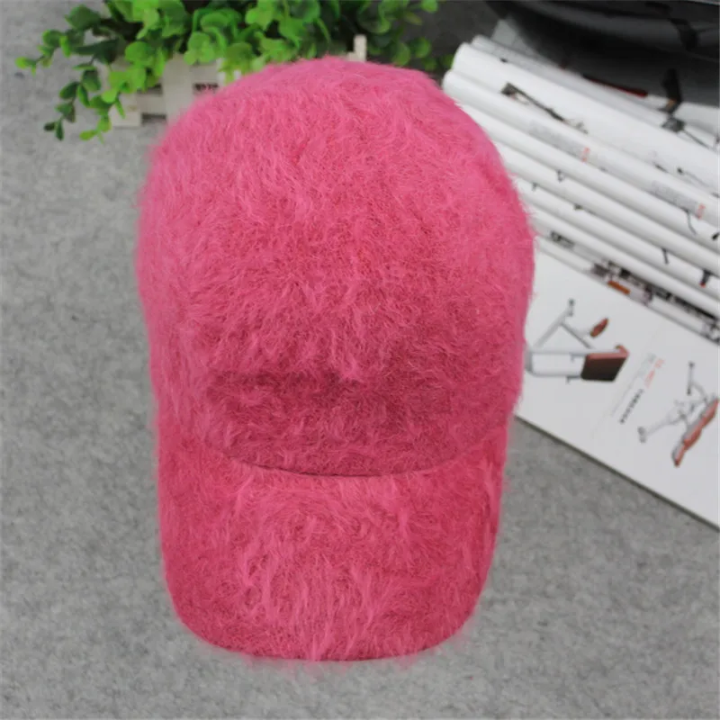 Стильная зимняя теплая бейсбольная кепка с кроликом, изогнутый край, плотные теплые кепки в стиле хип-хоп для женщин, женские бейсболки - Цвет: Hot pink