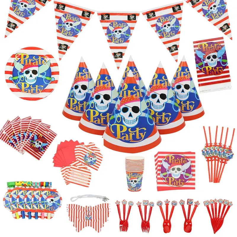 

1set Cartoon Pirate Party Napkin Paper Hat Plate Cup Tablecloth Balloons Birthday Decoration Kid Party Favor Supplies
