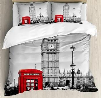 

London Duvet Cover Set Famous Telephone Booth and the Big Ben in England Street View Symbols of Town Retro 4 Piece Bedding Set