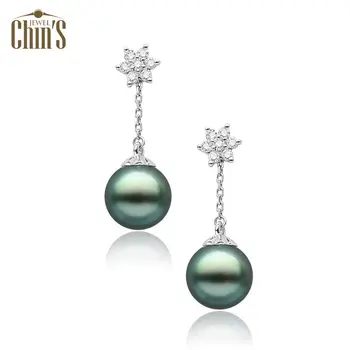 

Free Shipping 8.4MM AAA Green Real Tahitian Pearl Diamond Drop Earrings 18k Solid White Gold #0207