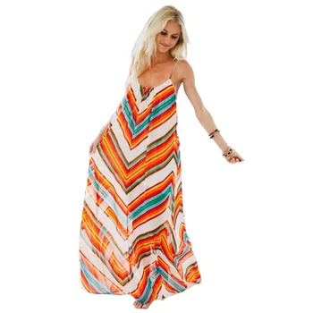 

2018 New Fashion Summer Beach Striped Long Dresses Sexy Backless Adjustable Spaghetti Strap Chiffon Maxi Dress For Women Female