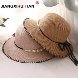 Мода Лето 2017 г. Новый для женщин складной широкий большой полями элегантный жемчуг пляж Защита от солнца пляжная соломенная шляпа кепки для