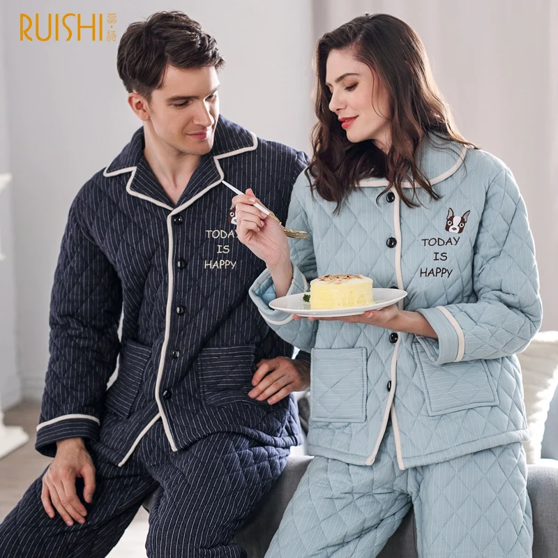 J& Q новая пара пижамы вышитая Пижама мужские и женские зимние толстые хлопковые мягкие качественные брендовые Большие размеры кардиган с отворотом Pijama