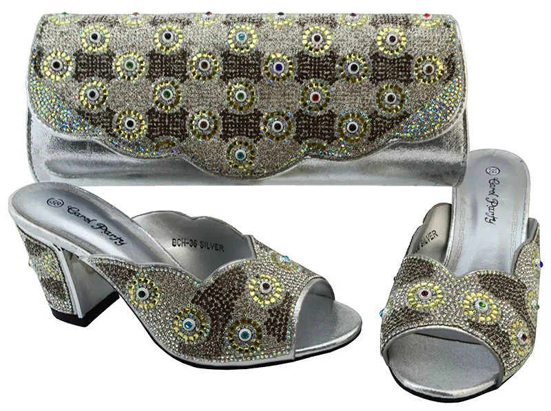 

African Women Silver Color Shoes and Bags Set Italian Fashion Ladies Shoe and Bag Set Decorated with Rhinestone Wedding BCH-36A