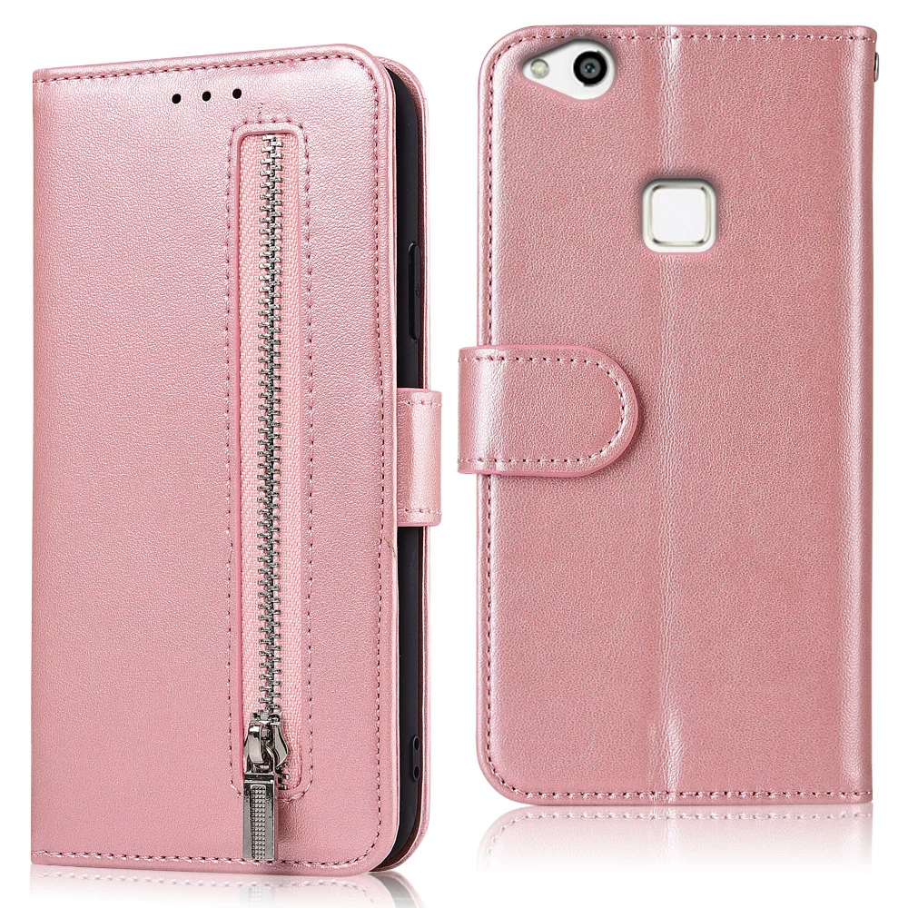 Из искусственной кожи бумажник с застежкой-молнией чехол для Huawei P10 Lite с ремешком чехол для телефона для Huawei P10 Lite подставки плотный чехол - Цвет: 61zipper--Pink