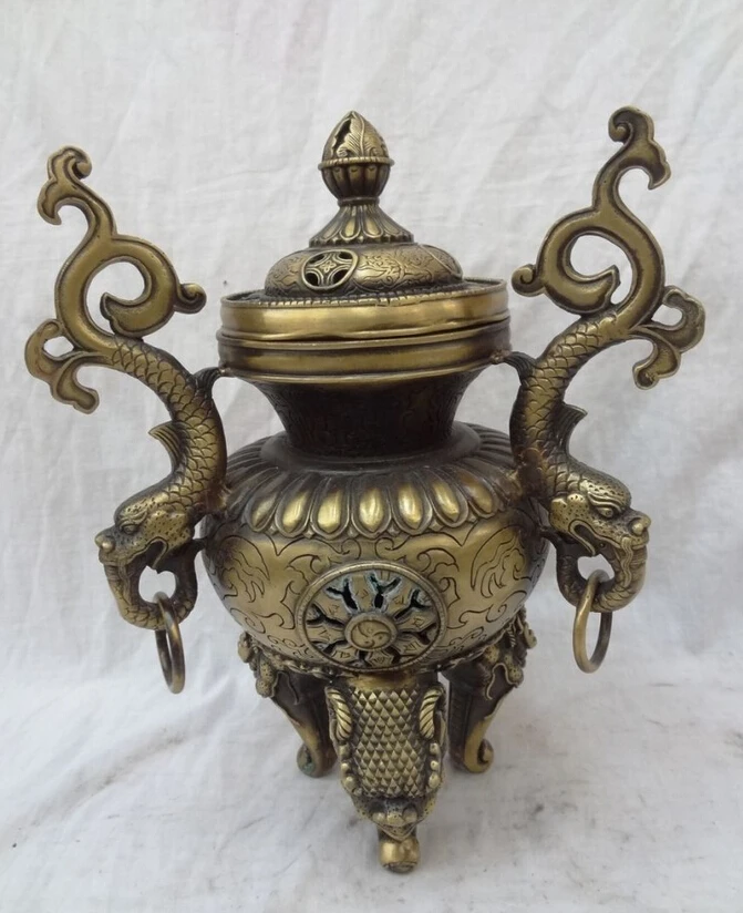 

song voge gem S5442 12" Tibet Bronze Buddhism FengShui Fly Dragon Head Statue Incense Burner Censer