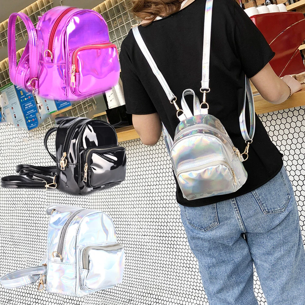 New Women Simple Metallic Silver Laser Holographic Bright Leather Backpack Travel Bag Laser Backpack Girl School Bag