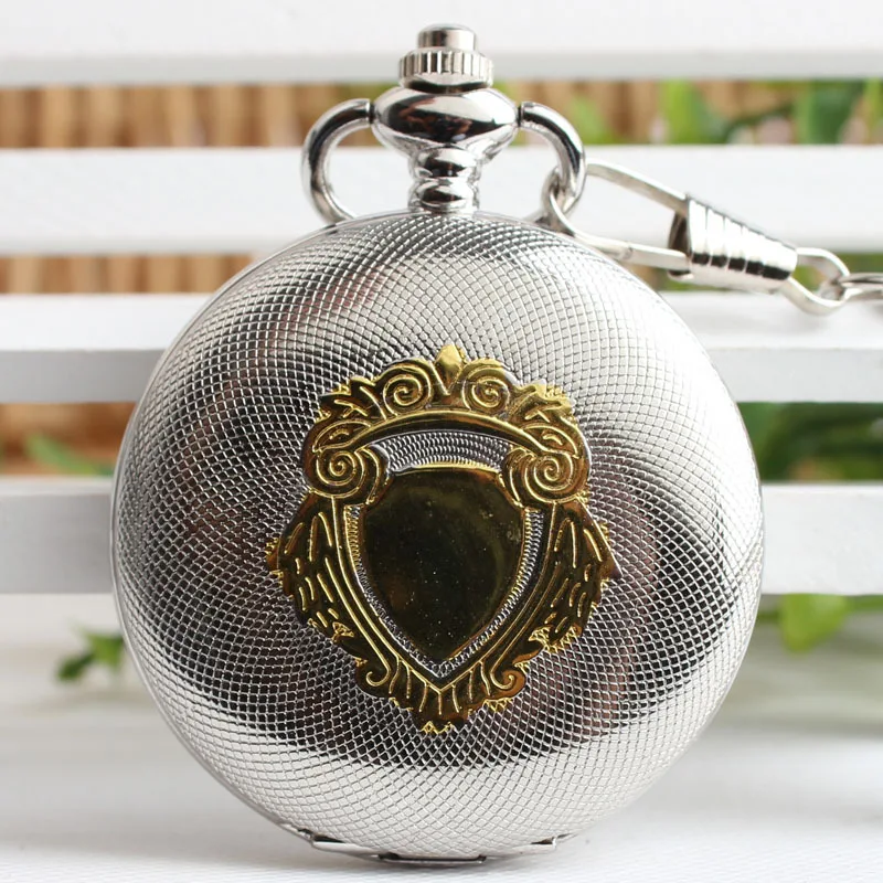 Золотой щит Для мужчин Рука Ветер Механические карманные часы Серебро скелет часы стимпанк Для мужчин карманные часы с цепочкой