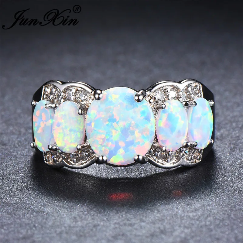 JUNXIN 925 Sterling Silver Luxury Big Oval Stone White Fire Opal Rings For Women Inlay Crystal Rainbow Birthstone Joint Ring