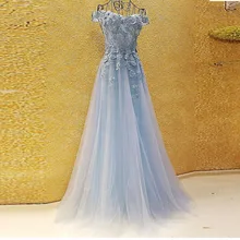 Elegant Sky Blaue Blume Appliques Lange Abendkleider Floral Lace Up Prom Kleider Doppel V-ausschnitt Spaghetti Strap Perlen Party Kleid