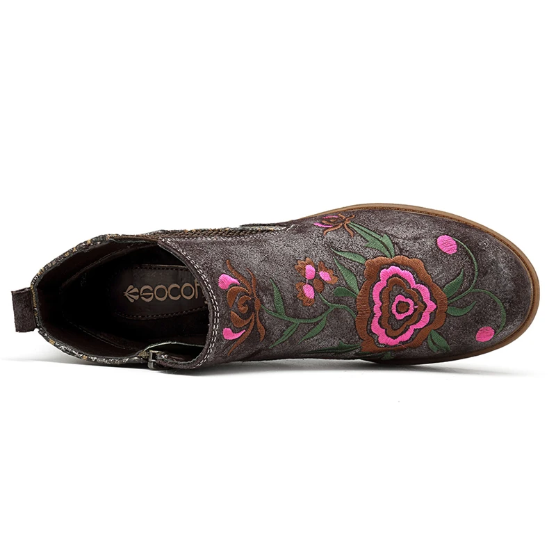 Socofy/Винтажные ботильоны с вышитыми цветами; женская обувь; женские повседневные ботинки из натуральной кожи на молнии; botas Mujer