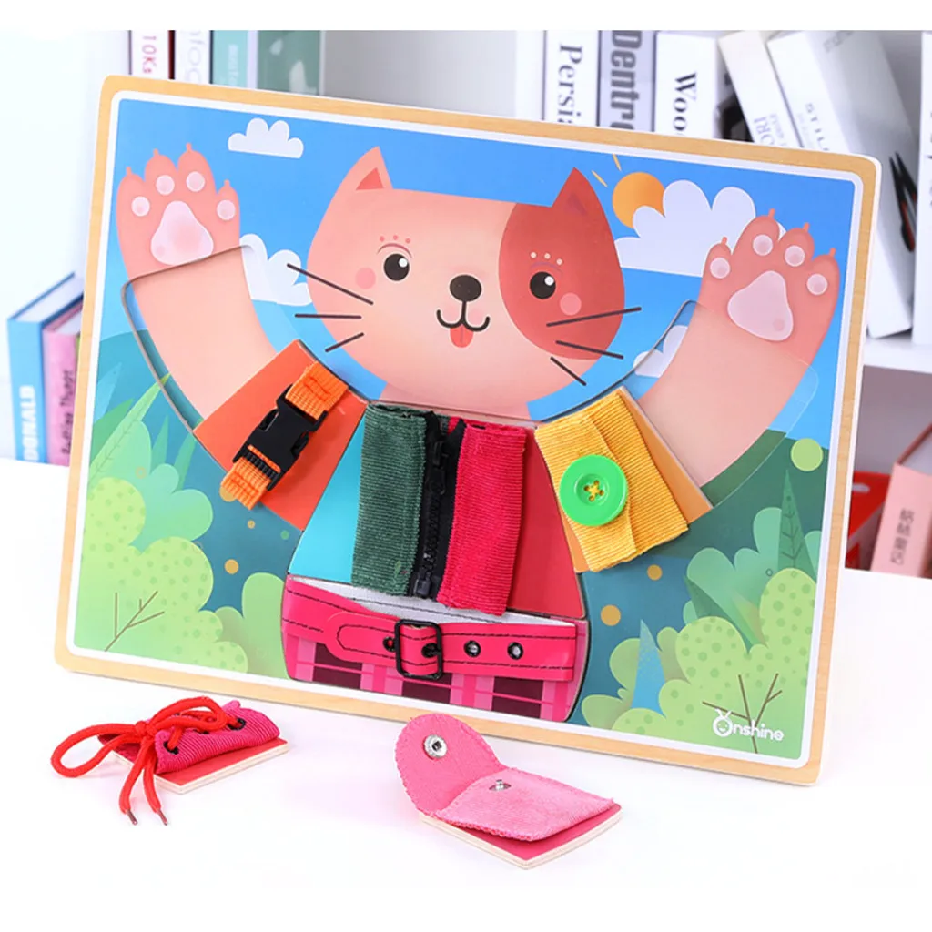 Early Basic Life Skills Toys Montessori Learn to Dress Cat Boards Puzzle  Zip Snap Button Lace Tie Educational Baby Toddlers Toy