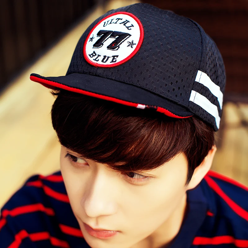 Number 77 Embroidery Hiphop Baseball Cap Black Stripe Ventilate Mesh