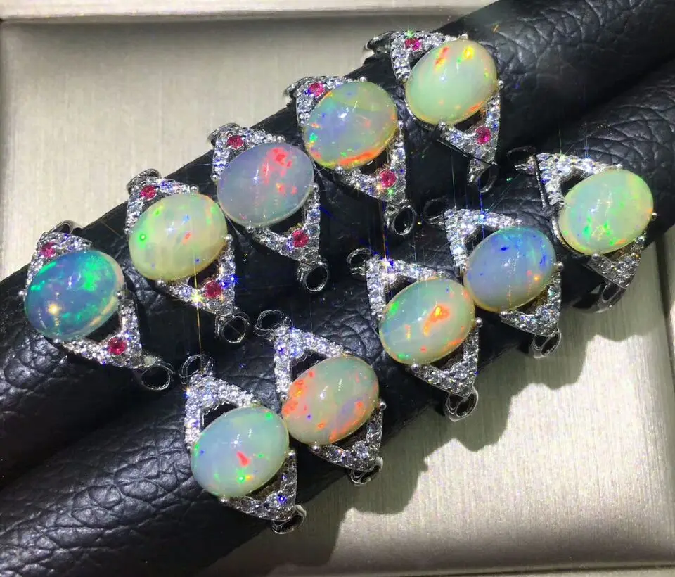 Настоящее натуральное Опаловое ювелирное овальное кольцо 7x9 мм многоцветный опал Серебро 925 пробы свадебные кольца для женщин Регулируемые кольца Размер