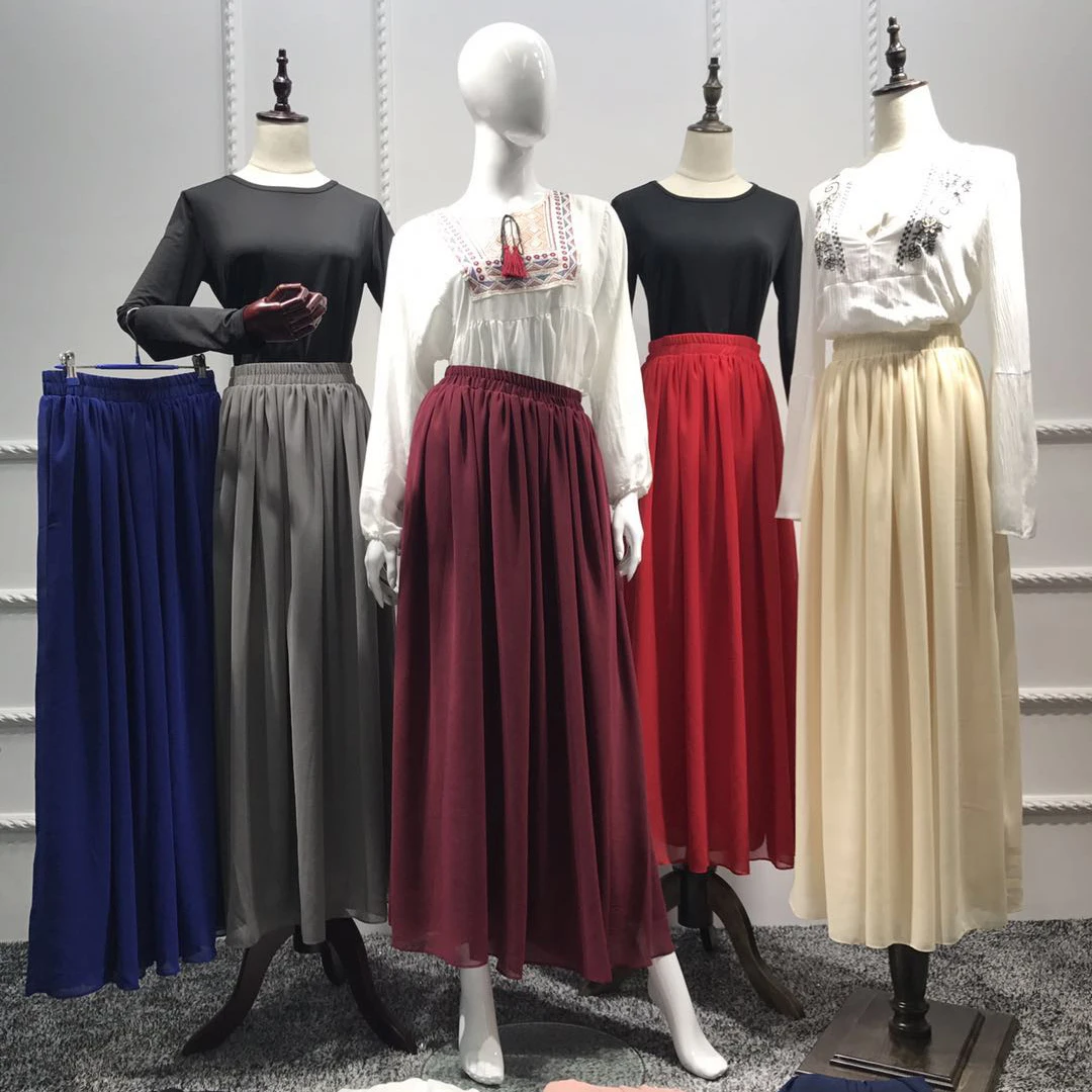 

Muslim chiffon Skirts Abaya Kimono Long Chiffon Pleat Musulman Skirt Women Kaftan Moroccan Arabic Dubai Dress Islamic Clothing