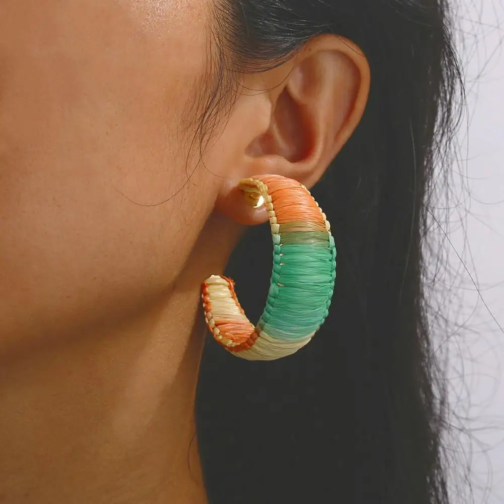 

Big Hoop Earrings for Women Rainbow Straw Raffia Summer Statement Earrings Handmade Vitage Bohemian Earrings 2019 Jewelry Gift