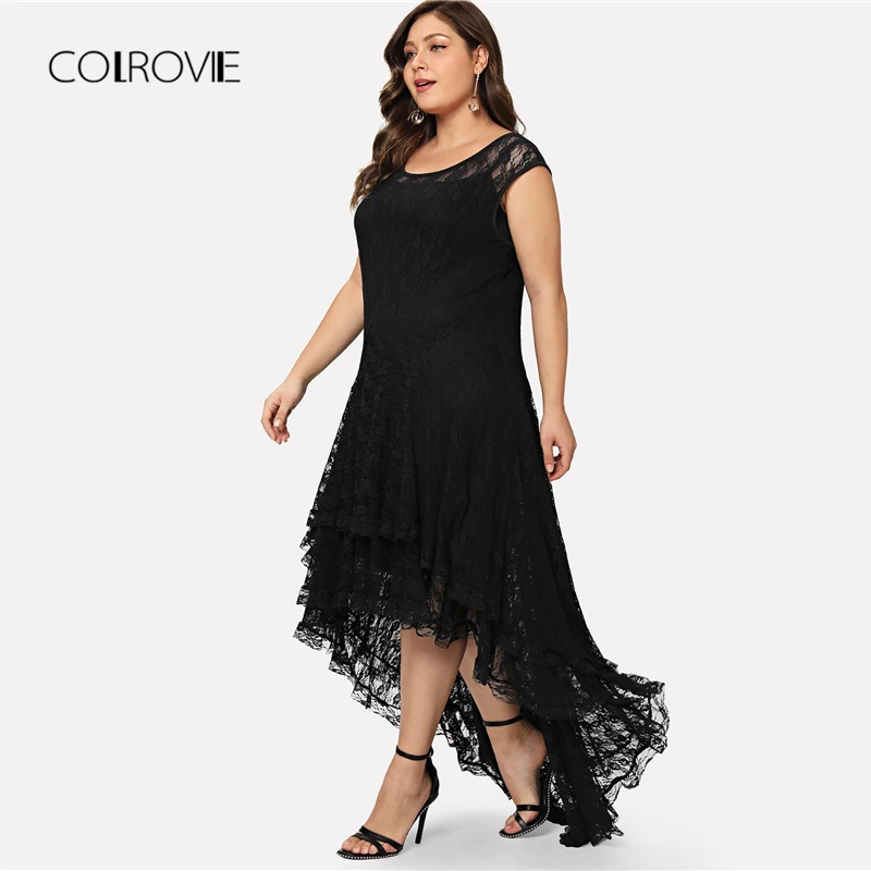 COLROVIE размера плюс, черное платье с открытой спиной и глубоким подолом, многослойное цветочное кружевное платье с рюшами, летнее платье, эластичное асимметричное женское платье