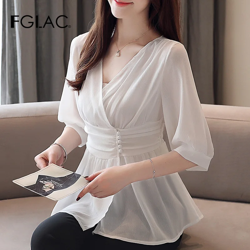 

FGLAC Women's shirt Fashion Casual 1/2 sleeve v-neck Chiffon blouses Plus size women tops and shirt