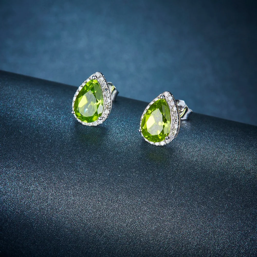 Женские серьги пусеты с натуральным драгоценным камнем 14 к|stud earrings|peridot stud