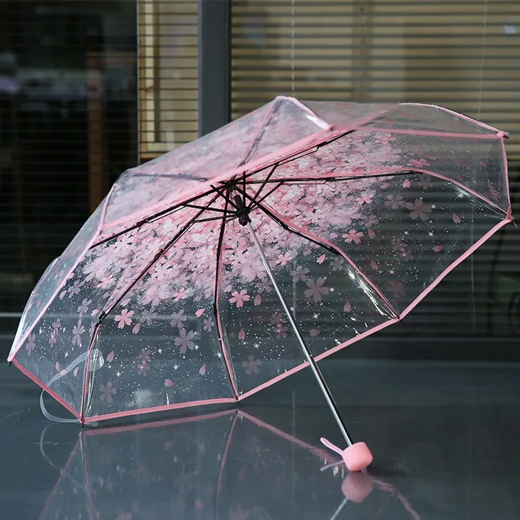 

New Fashion Rain Umbrella Transparent Women Three Folding Princess Sakura Umbrella High Quality