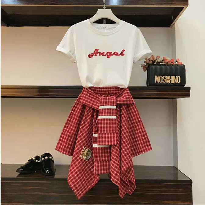 

2019 New Spring Summer Women's Simple Letter T Shirt + High-waisted Irregular Plaid Skirt Two Piece Student Female Skirt Suits