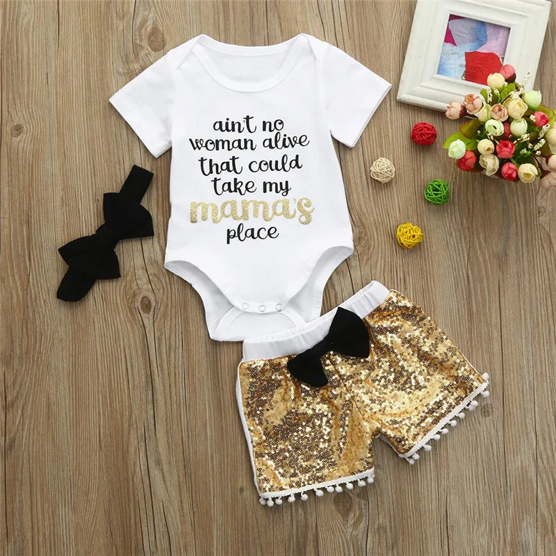 Girls suit summer 2019 new 3PCS Infant Baby Sequin Suits Girls Romper+Shorts+Headband Outfits Clothes Set  (3)