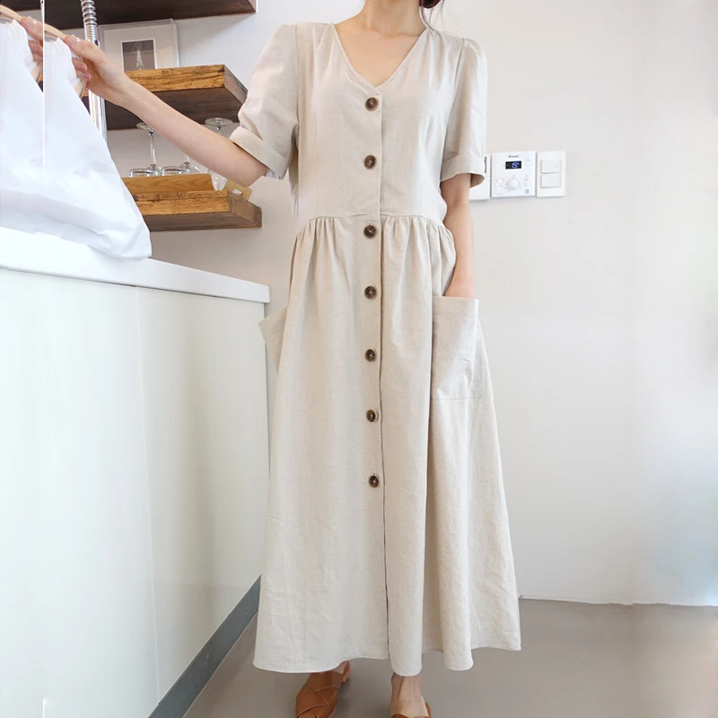 

Vintage Short Sleeve Beach Dresses Women's 2019 Summer V-neck Pockets Causal High Waist Holiday Button Dress Female Vestidos