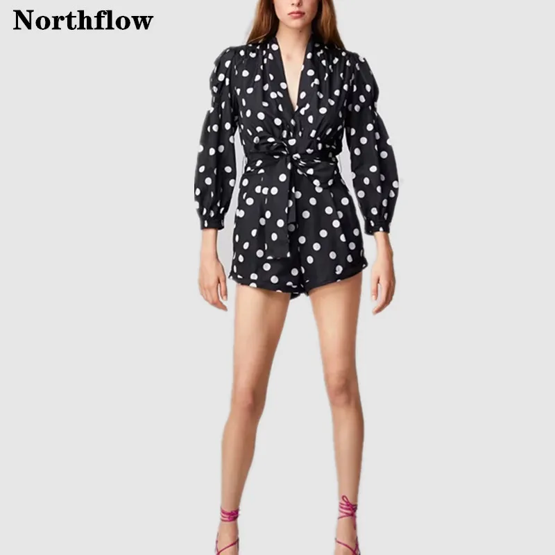

Northflow 2019 playsuit mono mujer sexy ploka dot puff sleeve v-neck womens combinaison femme playsuit