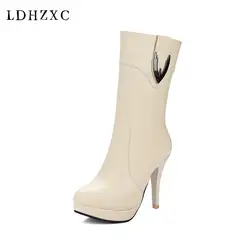 LDHZXC Новый Для женщин модные ботинки до середины икры из искусственной кожи на высоком квадратном каблуке на молнии однотонная черная