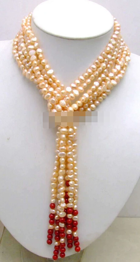 

huij 001624 SALE Long 45" natural 6-7mm Pink Baroque Pearl & Red coral 3 Strands Necklace
