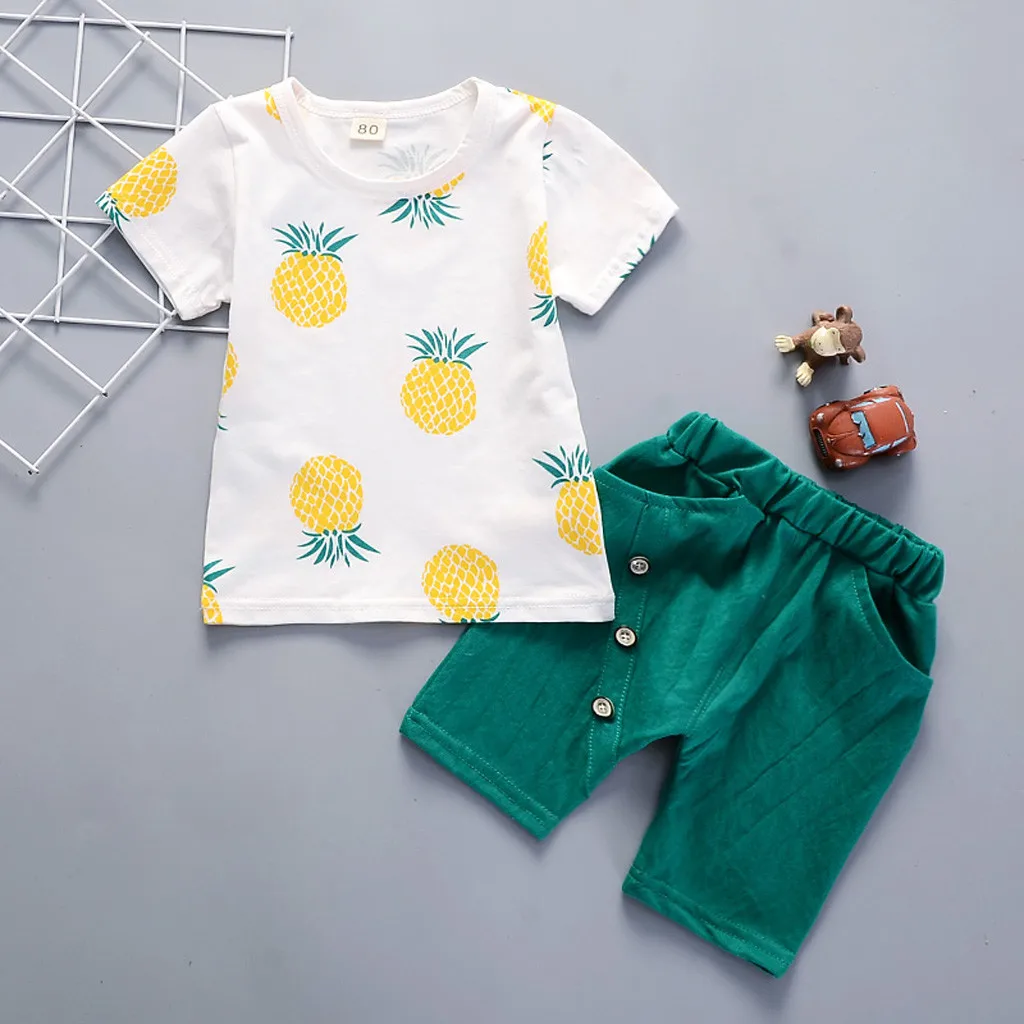Детская летняя одежда для маленьких мальчиков повседневная одежда для малышей футболка с короткими рукавами и принтом ананаса топы, хлопковые шорты на пуговицах От 0 до 4 лет из 2 предметов